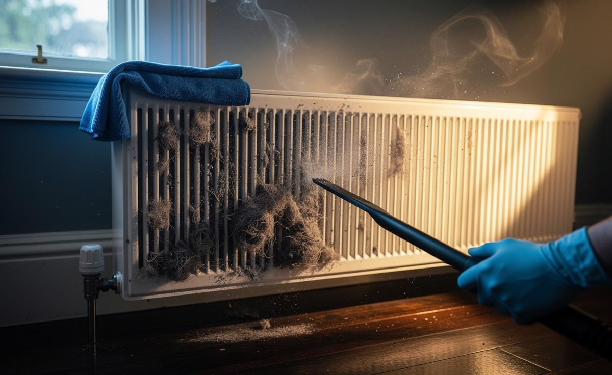 Dusting radiators before switching them on: how trapped debris burns and spreads stale smells